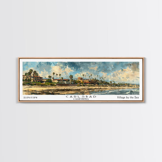 Carlsbad California Panoramic Watercolor Painting Framed Canvas Print, Travel Poster Art, Coastal Home Decor, Picturesque Cityscape, Wall Art for Bedroom, Office Wall Decoration, Travel Enthusiast Gift