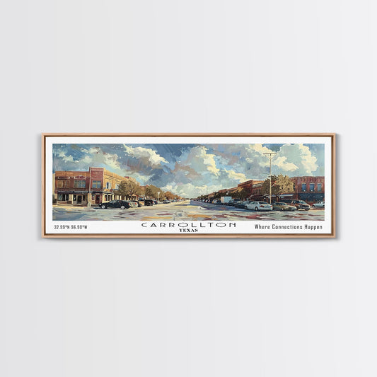Carrolton Texas Panoramic Watercolor Painting Framed Canvas Print, Travel Poster Art, Home Decor, Texas City Landscape, Bedroom Wall Art, Office Decoration, Texas-Themed Gift