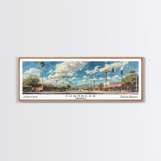 Chandler Arizona Panoramic Watercolor Painting Framed Canvas Print, Travel Poster Art, Home Decor, Desert Cityscape, Bedroom Wall Art, Office Decoration, Unique Travel Gift