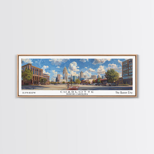 Charlotte North Carolina Panoramic Watercolor Painting Framed Canvas Print, Travel Poster Art, Urban Cityscape, Living Room Decor, Wall Art, Office Decoration, North Carolina Gift