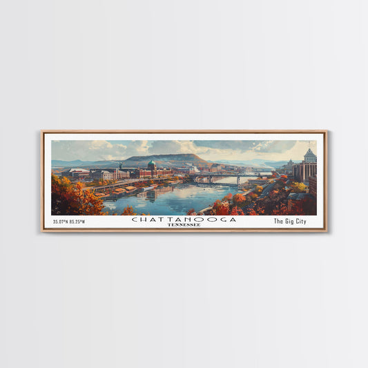 Chattanooga Tennessee Panoramic Watercolor Painting Framed Canvas Print, Travel Poster Art, Scenic Landscape, Living Room Decor, Wall Hanging, Office Art, Tennessee-Themed Gift