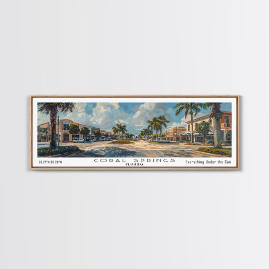 Coral Springs Florida Panoramic Watercolor Painting Framed Canvas Print, Travel Poster Art, Coastal View, Home Decor, Living Room Wall Art, Office Decoration, Gift for Beach Lovers