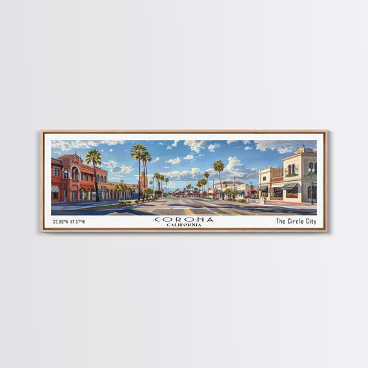 Corona California Panoramic Watercolor Painting Framed Canvas Print, Travel Poster Art, Urban Cityscape, Home Decor, Living Room Wall Art, Office Decoration, Gift for California Lovers