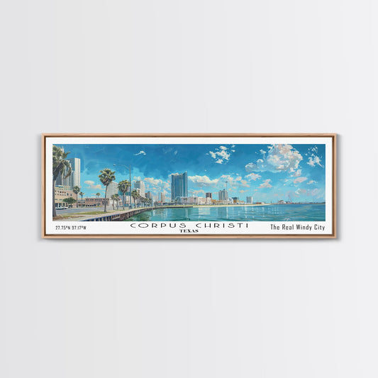 Corpus Christi Texas Panoramic Watercolor Painting, Scenic Framed Canvas Print, Coastal Wall Art for Living Room, Travel Decor, City Print, Vacation Gift