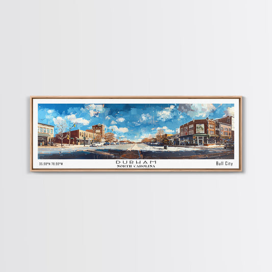 Durham North Carolina Panoramic Watercolor Painting, Scenic Framed Canvas Print, Urban Wall Art for Living Room, Travel Decor, City Print, Gift Idea