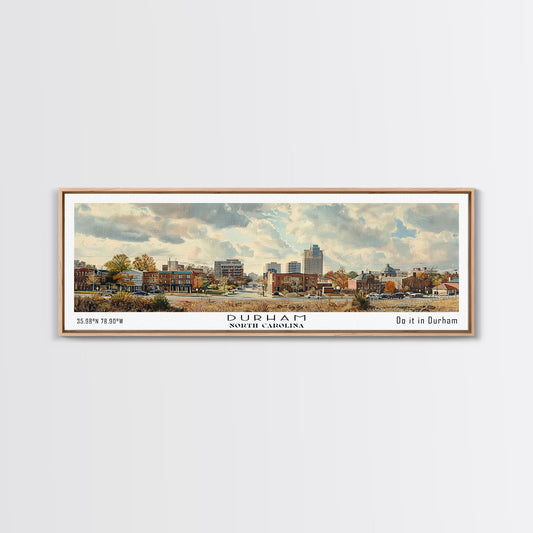 Durham North Carolina Panoramic Watercolor Painting, Scenic Framed Canvas Print, Urban Wall Art for Living Room, Travel Decor, City Print, Gift Idea