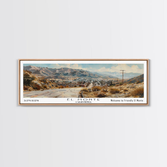El Monte California Panoramic Watercolor Painting, Scenic Framed Canvas Print, Urban Wall Art for Office, Travel Decor, City Print, Gift Idea