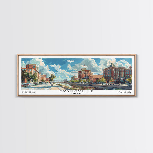 Evansville Indiana Panoramic Watercolor Painting, Scenic Framed Canvas Print, Urban Wall Art for Living Room, Travel Poster, Home Decor, City Gift Idea