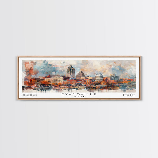 Evansville Indiana Panoramic Watercolor Painting, Scenic Framed Canvas Print, Urban Wall Art for Living Room, Travel Poster, Home Decor, City Gift Idea