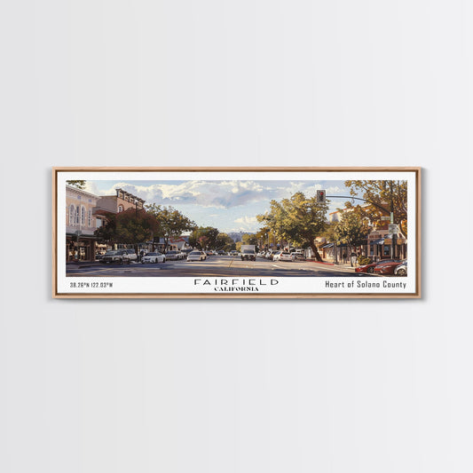Fairfield California Panoramic Watercolor Painting, Scenic Framed Canvas Print, Urban Wall Art for Living Room, Travel Poster, Home Decor, City Gift Idea