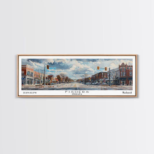 Fishers Indiana Panoramic Watercolor Painting, Scenic Framed Canvas Print, Urban Wall Art for Office, Travel Decor, City Print, Gift Idea