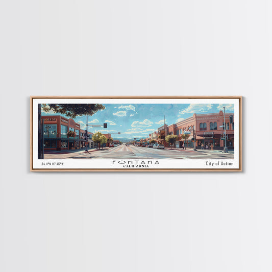 Fontana California Panoramic Watercolor Painting, Scenic Framed Canvas Print, Urban Wall Art for Living Room, Travel Poster, Home Decor, City Gift Idea