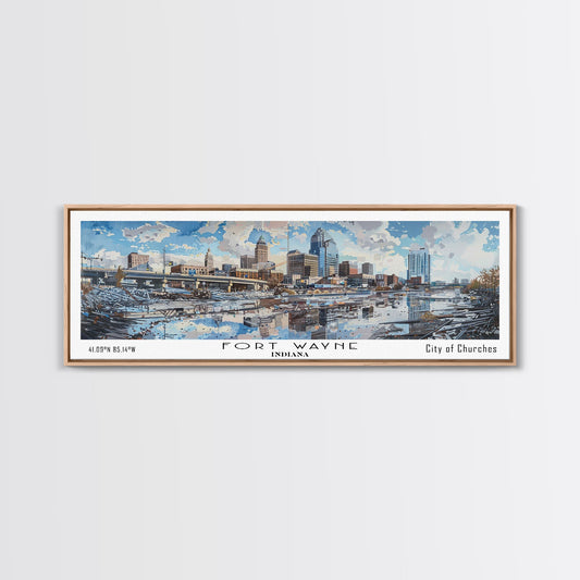 Fort Wayne Indiana Panoramic Watercolor Painting, Scenic Framed Canvas Print, Urban Wall Art for Office, Travel Decor, City Print, Gift Idea