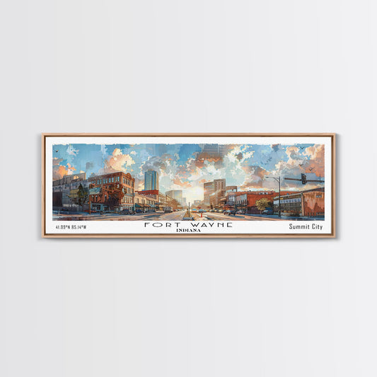 Fort Wayne Indiana Panoramic Watercolor Painting, Urban Framed Canvas Print, Cityscape Wall Art for Living Room, Travel Decor, Home Gift Idea