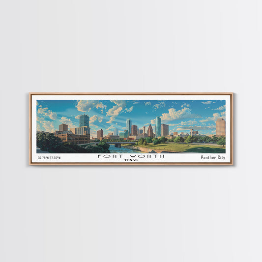 Fort Worth Texas Panoramic Watercolor Painting, Urban Framed Canvas Print, Cityscape Wall Art for Living Room, Travel Decor, Office Art, Gift Idea