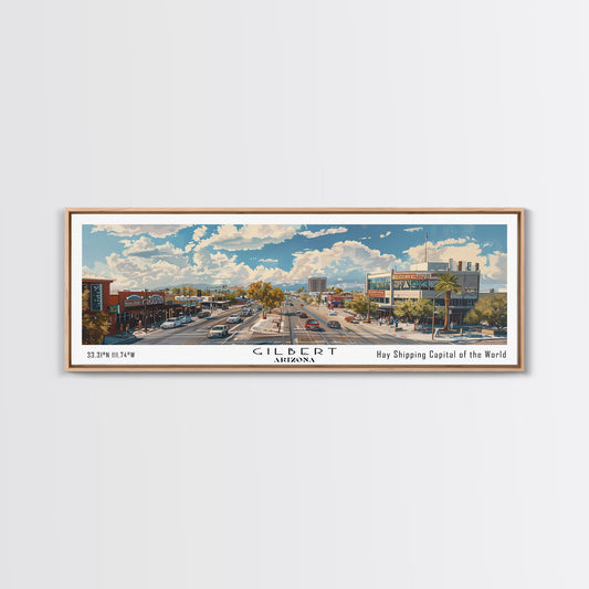 Gilbert Arizona Panoramic Watercolor Painting, Urban Framed Canvas Print, Cityscape Wall Art for Office, Travel Decor, Home Gift Idea