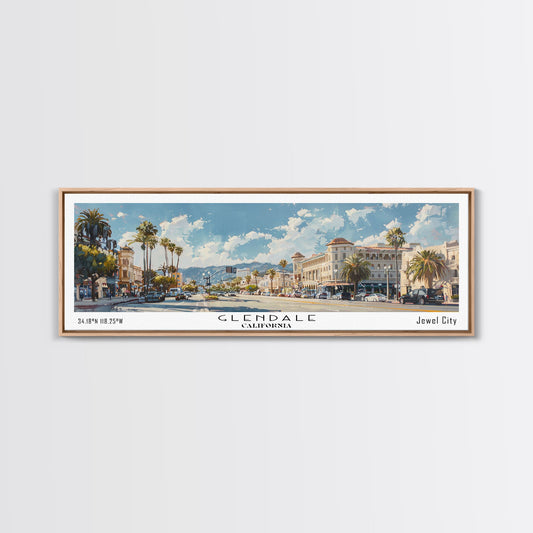 Glendale California Panoramic Watercolor Painting, Urban Framed Canvas Print, Cityscape Wall Art for Living Room, Travel Poster, Home Decor, City Gift Idea
