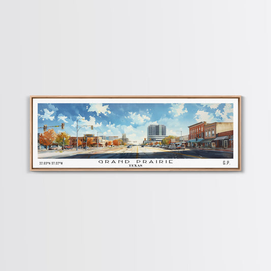 Grand Prairie Texas Panoramic Watercolor Painting, Urban Framed Canvas Print, Cityscape Wall Art for Living Room, Travel Decor, Home Gift Idea
