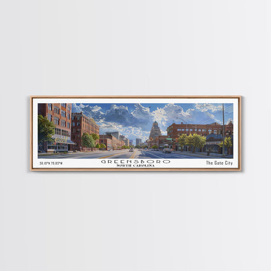 Greensboro North Carolina Panoramic Watercolor Painting, Urban Framed Canvas Print, Cityscape Wall Art for Living Room, Travel Poster, Home Decor, City Gift Idea
