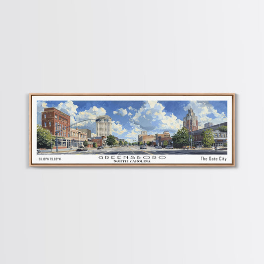 Greensboro North Carolina Panoramic Watercolor Painting, Urban Framed Canvas Print, Cityscape Wall Art for Office, Travel Decor, Home Gift Idea