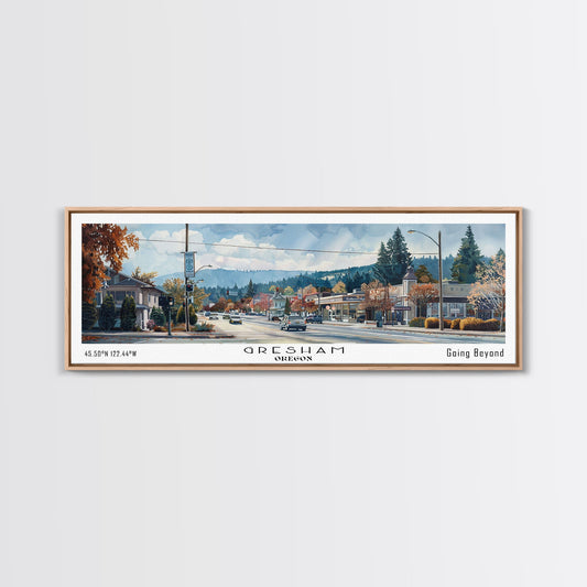 Gresham Oregon Panoramic Watercolor Painting, Urban Framed Canvas Print, Cityscape Wall Art for Living Room, Travel Decor, Home Gift Idea