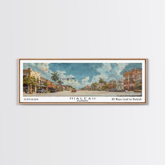 Hialeah Florida Panoramic Watercolor Painting, Urban Framed Canvas Print, Cityscape Wall Art for Living Room, Travel Decor, Home Gift Idea