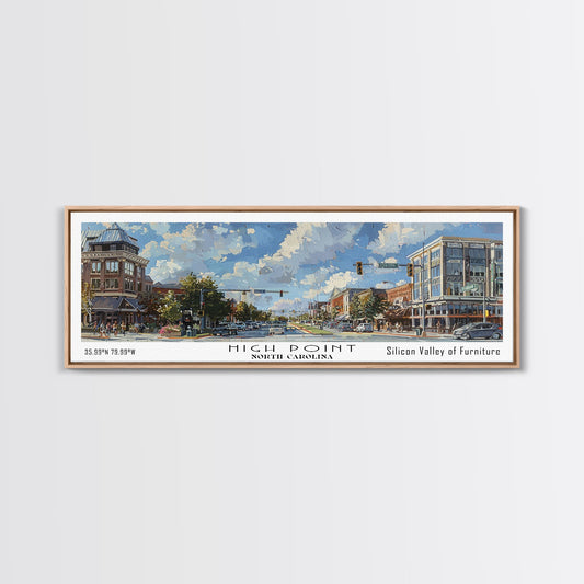 High Point North Carolina Panoramic Watercolor Painting, Urban Framed Canvas Print, Cityscape Wall Art for Office, Travel Decor, Home Gift Idea