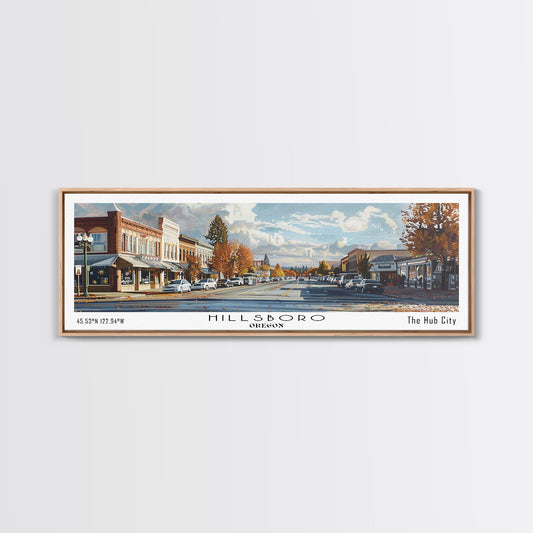 Hillsboro Oregon Panoramic Watercolor Painting, Urban Framed Canvas Print, Cityscape Wall Art for Office, Travel Decor, Home Gift Idea