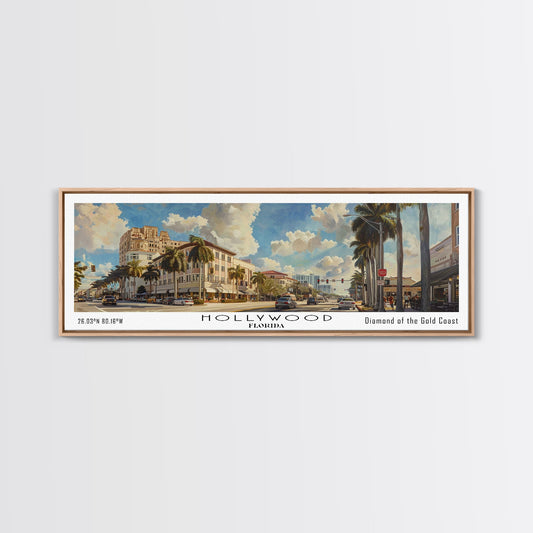Hollywood Florida Panoramic Watercolor Painting, Urban Framed Canvas Print, Cityscape Wall Art for Living Room, Travel Poster, Home Decor, City Gift Idea