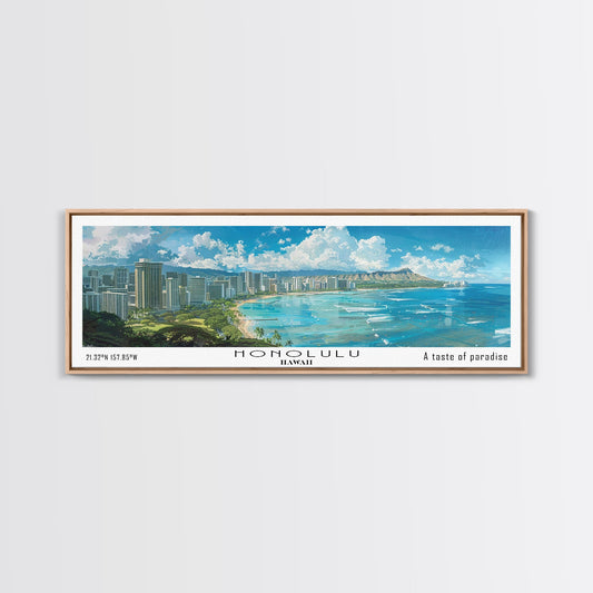 Honolulu Hawaii Panoramic Watercolor Painting, Urban Framed Canvas Print, Cityscape Wall Art for Office, Travel Decor, Home Gift Idea