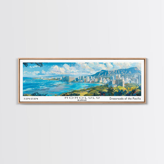 Honolulu Hawaii Panoramic Watercolor Painting, Urban Framed Canvas Print, Cityscape Wall Art for Living Room, Travel Poster, Home Decor, City Gift Idea