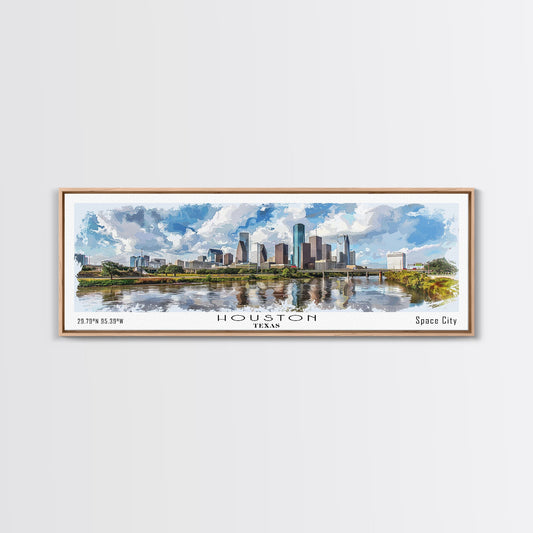 Houston Texas Panoramic Watercolor Painting, Urban Framed Canvas Print, Cityscape Wall Art for Living Room, Travel Poster, Home Decor, City Gift Idea
