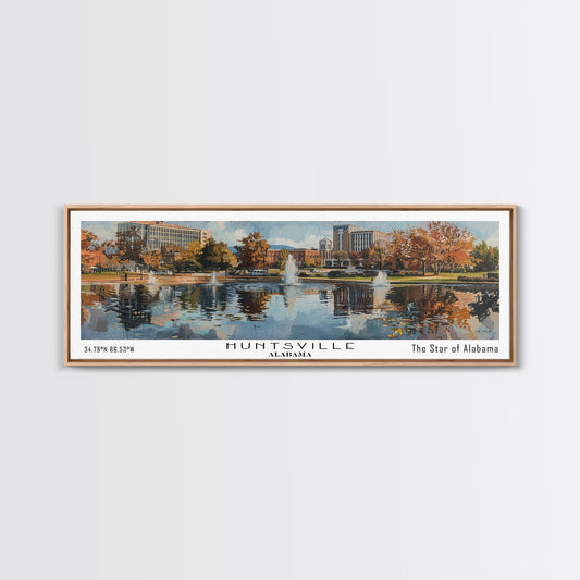 Huntsville Alabama Panoramic Watercolor Painting, Urban Framed Canvas Print, Cityscape Wall Art for Living Room, Travel Poster, Home Decor, City Gift Idea