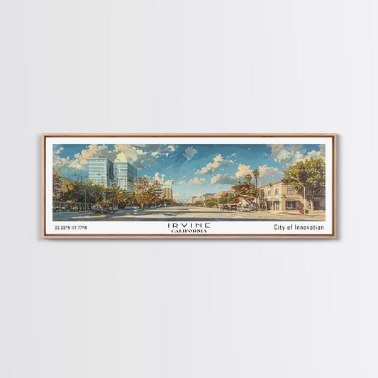 Irvine California Panoramic Cityscape Painting, Framed Canvas Print for Home, Office Wall Art, Urban Decor, Watercolor Travel Poster