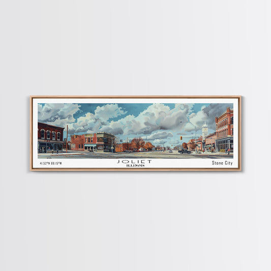 Joliet Illinois Panoramic Watercolor City Painting, Framed Canvas Print for Home, Office Wall Art, Urban Decor, Travel Poster