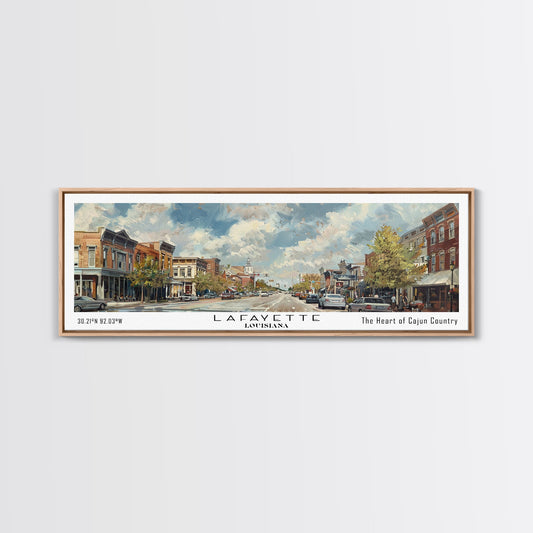 Lafayette Louisiana Panoramic Cityscape Wall Art, Watercolor Framed Canvas Print, Urban Painting for Living Room, Office Decor, Travel Poster