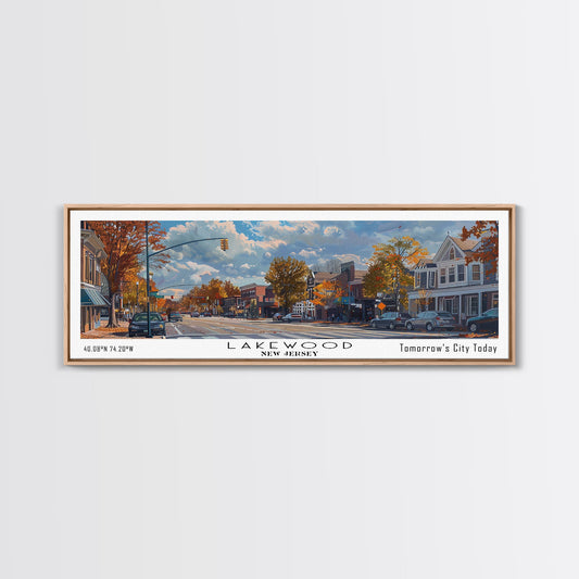 Lakewood New Jersey Panoramic Watercolor Cityscape, Framed Canvas Print for Living Room, Office Wall Art, Urban Decor, Travel Poster