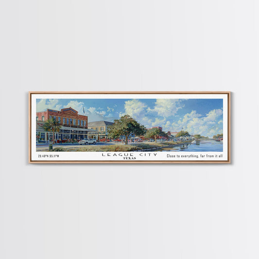 League City Texas Panoramic Watercolor Cityscape, Framed Canvas Print for Living Room, Office Wall Art, Urban Decor, Travel Poster