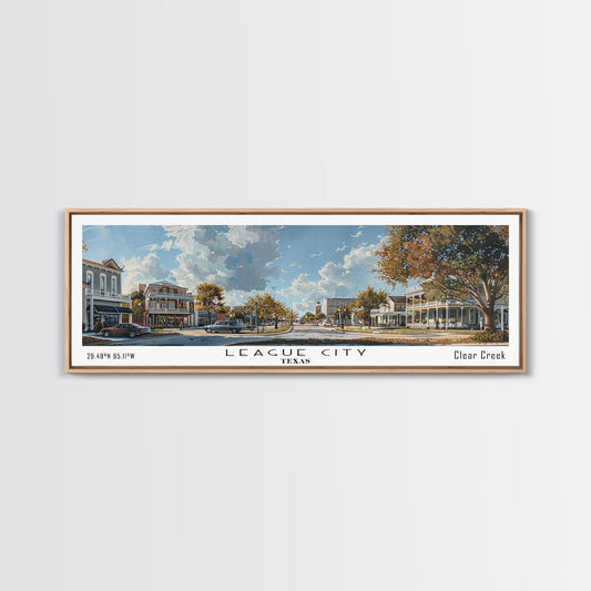 League City Texas Panoramic Cityscape Wall Art, Watercolor Framed Canvas Print, Urban Painting for Living Room, Office Decor, Travel Poster