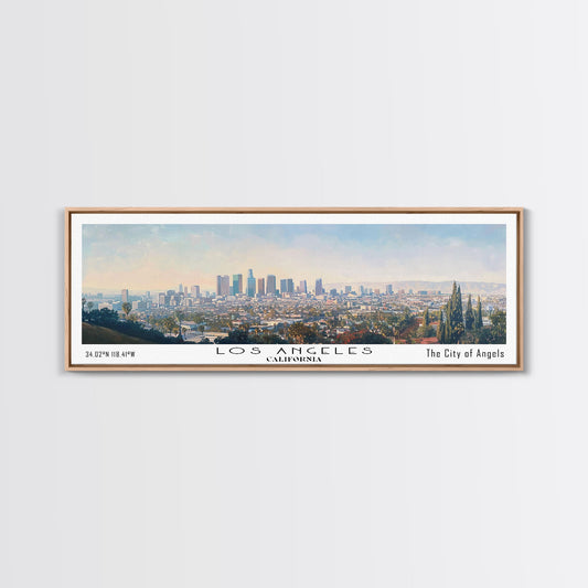 Los Angeles California Panoramic Cityscape Wall Art, Watercolor Framed Canvas Print, Urban Painting for Living Room, Office Decor, Travel Poster