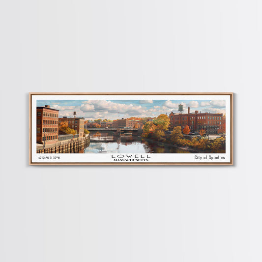 Lowell Massachusetts Panoramic Cityscape Wall Art, Watercolor Framed Canvas Print, Urban Painting for Living Room, Office Decor, Travel Poster