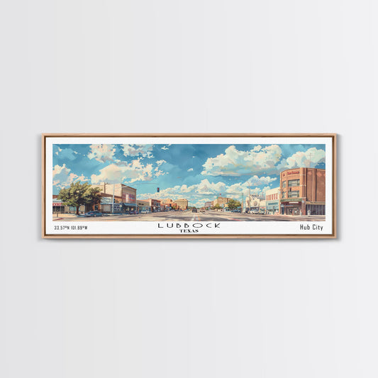 Lubbock Texas Panoramic Cityscape Wall Art, Watercolor Framed Canvas Print, Urban Painting for Living Room, Office Decor, Travel Poster