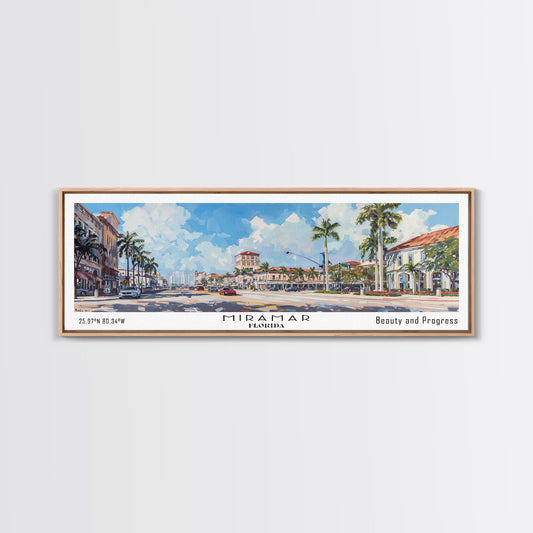 Miramar Florida Panoramic Framed Canvas Print, Beautiful Watercolor Cityscape, Office Wall Art, Travel Poster, Living Room Decor, City Art