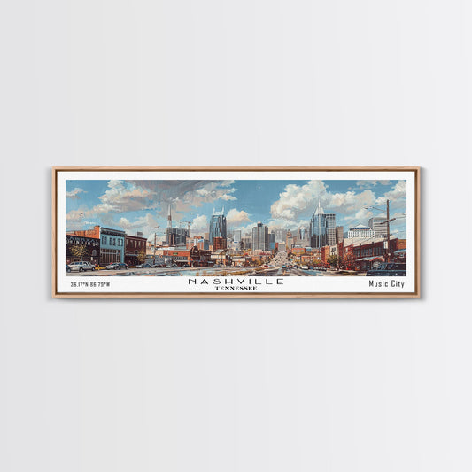 Nashville Tennessee Panoramic Framed Canvas Print, Stunning Watercolor Painting, Office Wall Art, Travel Poster, Home Decor, City Art