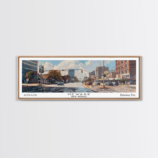 Newark New Jersey Panoramic Framed Canvas Print, Beautiful Watercolor Painting, Office Wall Art, Travel Poster, Home Decor, City Art