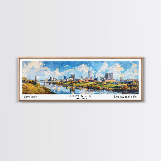 Omaha Nebraska Panoramic Framed Canvas Print, Cityscape Watercolor Painting, Travel Poster, Home Decor, Urban Gift Idea, Office Wall Art