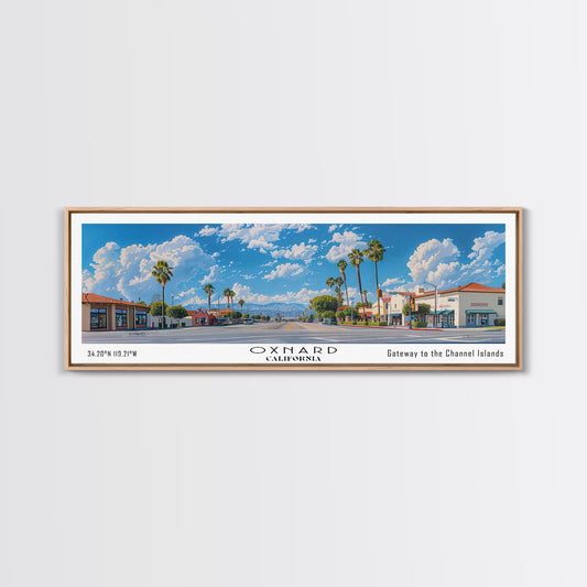 Oxnard California Panoramic Painting, Framed Canvas Print, Stunning Cityscape Watercolor Art, Travel Poster for Home Decor, Unique Gift Idea