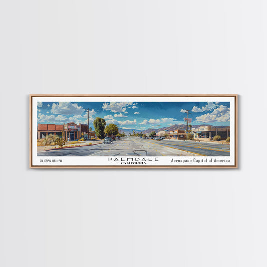 Palmdale California Panoramic Framed Canvas Print, Cityscape Watercolor Painting, Travel Poster for Home Decor, Urban Art, Unique Gift Idea