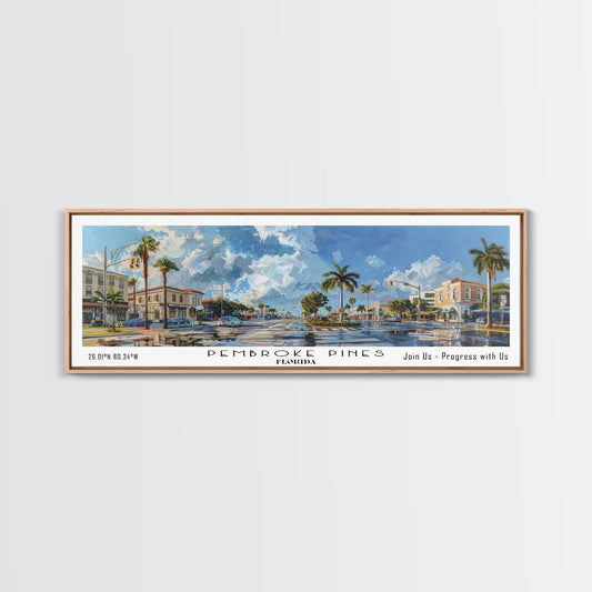 Pembroke Pines Florida Panoramic Painting, Framed Canvas Print, Beautiful Cityscape Watercolor Art, Travel Poster, Modern Home Decor