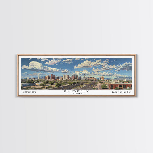 Phoenix Arizona Panoramic Framed Canvas Print, Cityscape Watercolor Painting, Travel Poster for Home Decor, Urban Art, Unique Gift Idea
